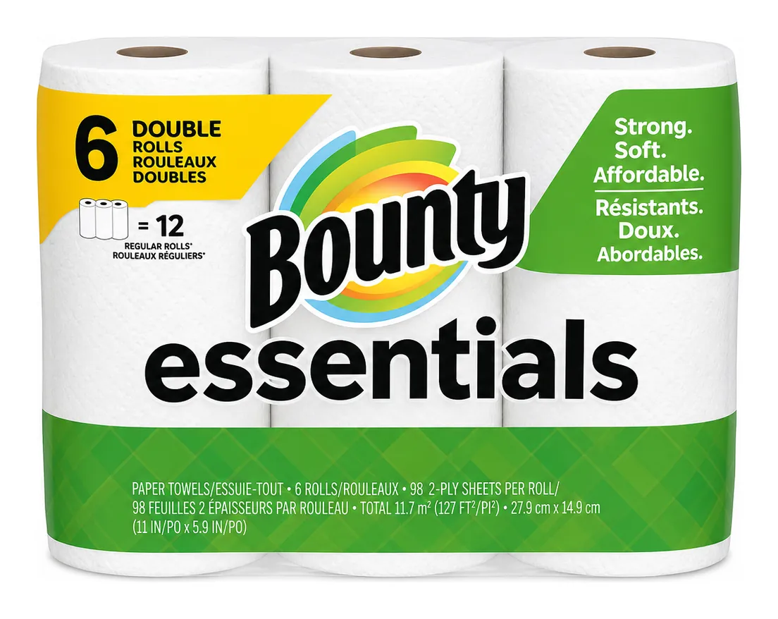 Bounty Essentials Paper Towels, Six Double Rolls product package
