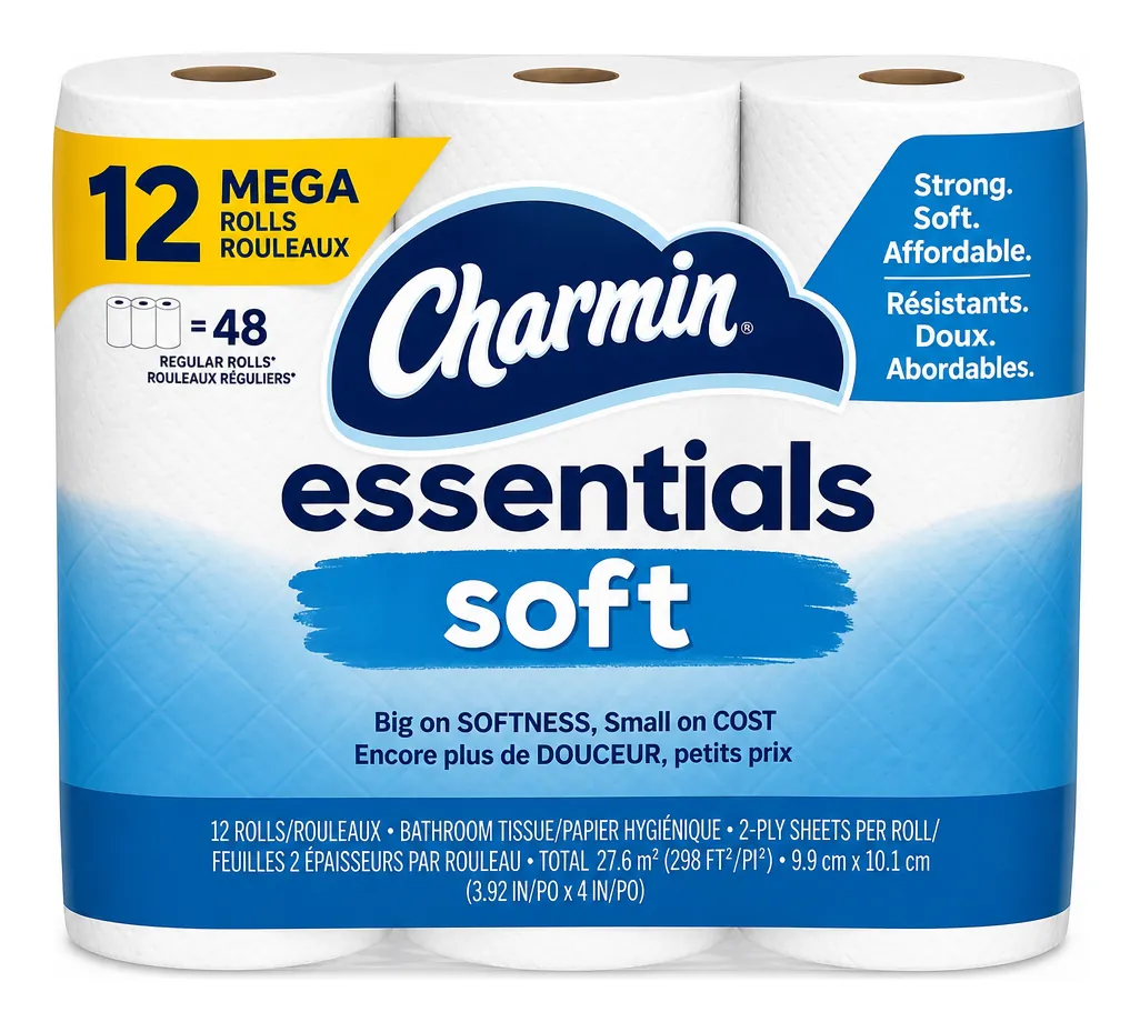 Charmin Essential Soft Toilet Paper, 12 Mega Rolls product package