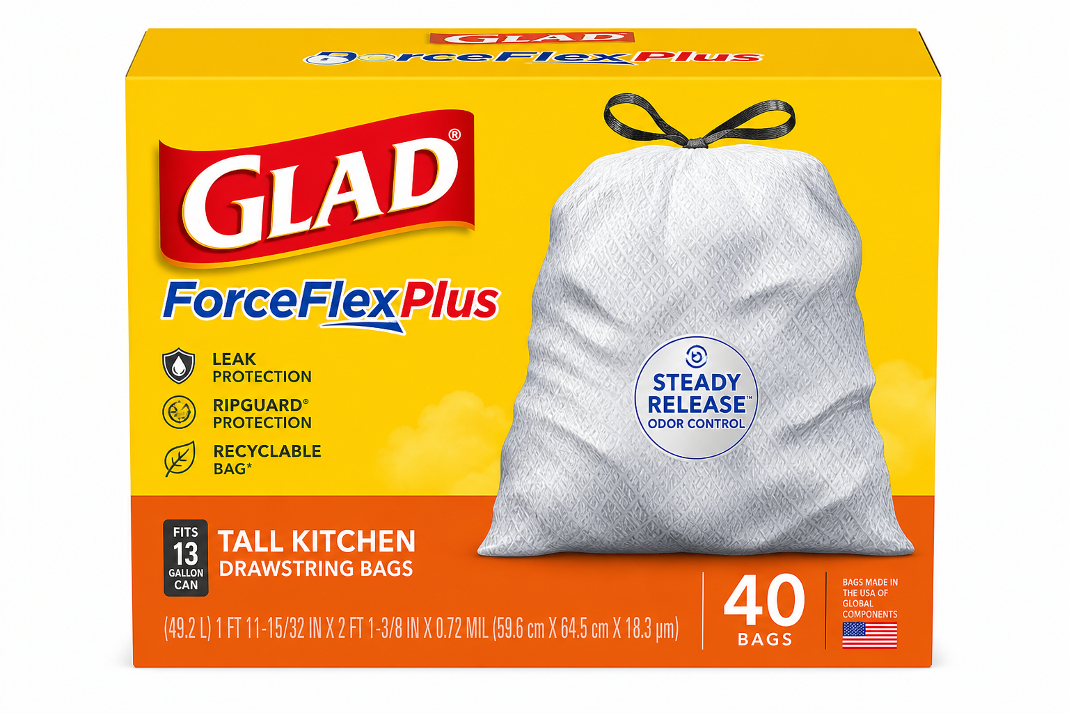 Glad ForceFlexPlus Tall Kitchen Trash Bags, 13 Gallon, 40 Count product package