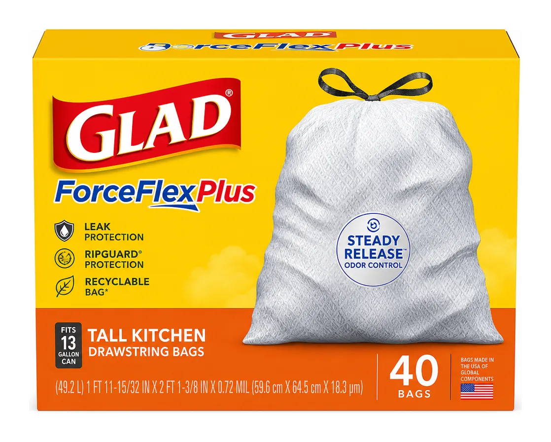 Glad ForceFlexPlus Tall Kitchen Trash Bags, 13 Gallon, 40 Count product package